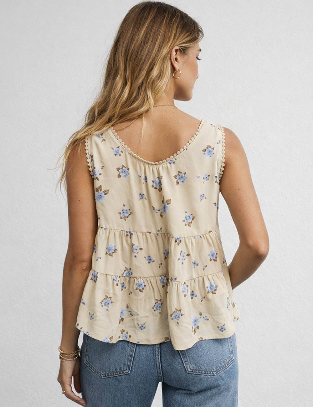 Ladies Boho Floral Print Tie Front Scoop Neck Sleeveless Top