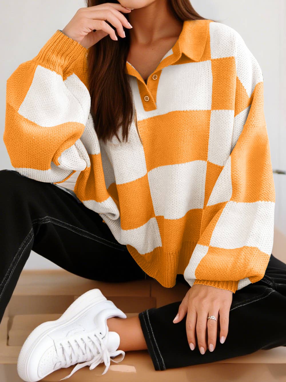 Checkered V-Neck Pullover Sweater