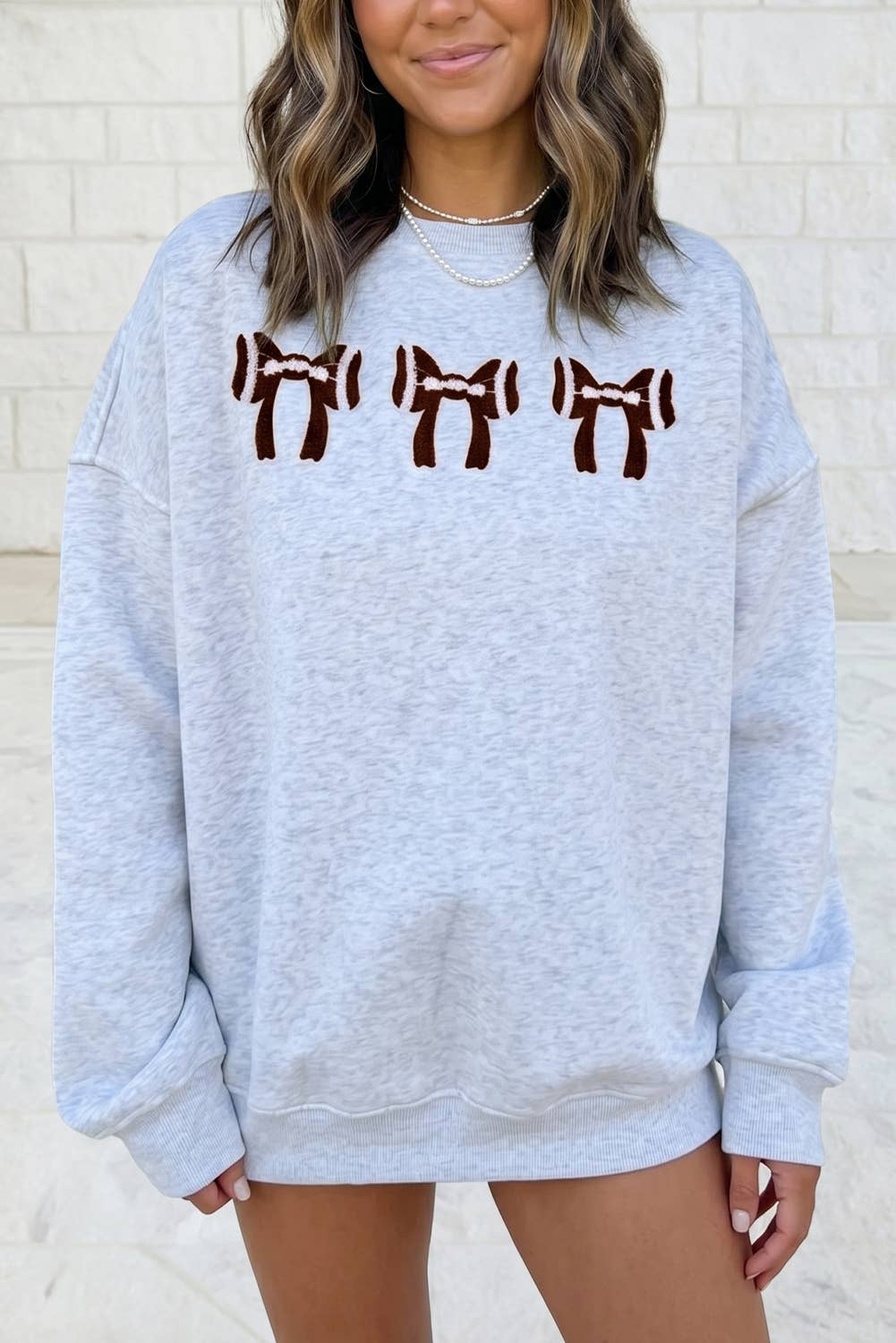 Gray Pearl Football Bows Game Day Embroider Sweatshirt