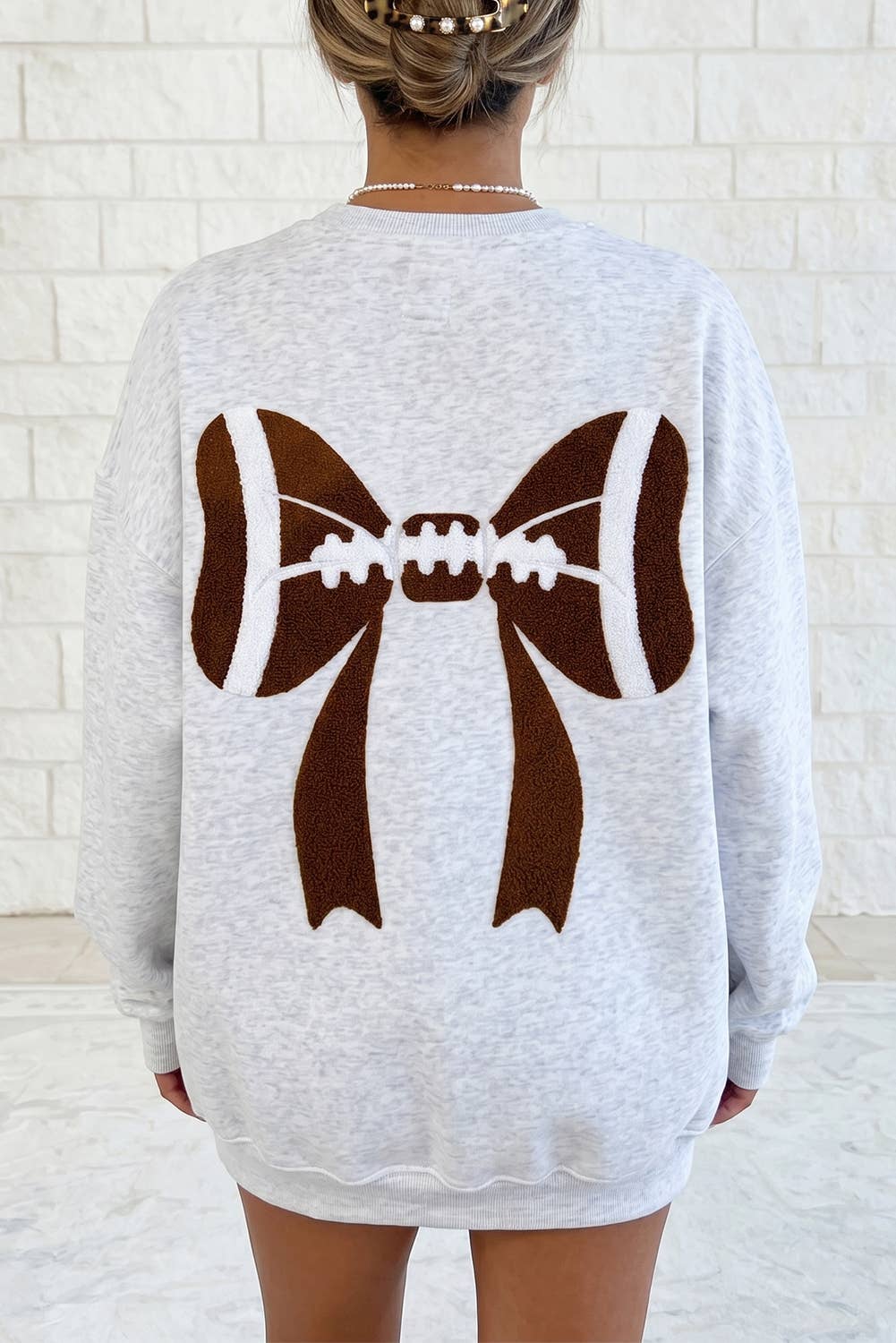Gray Pearl Football Bows Game Day Embroider Sweatshirt