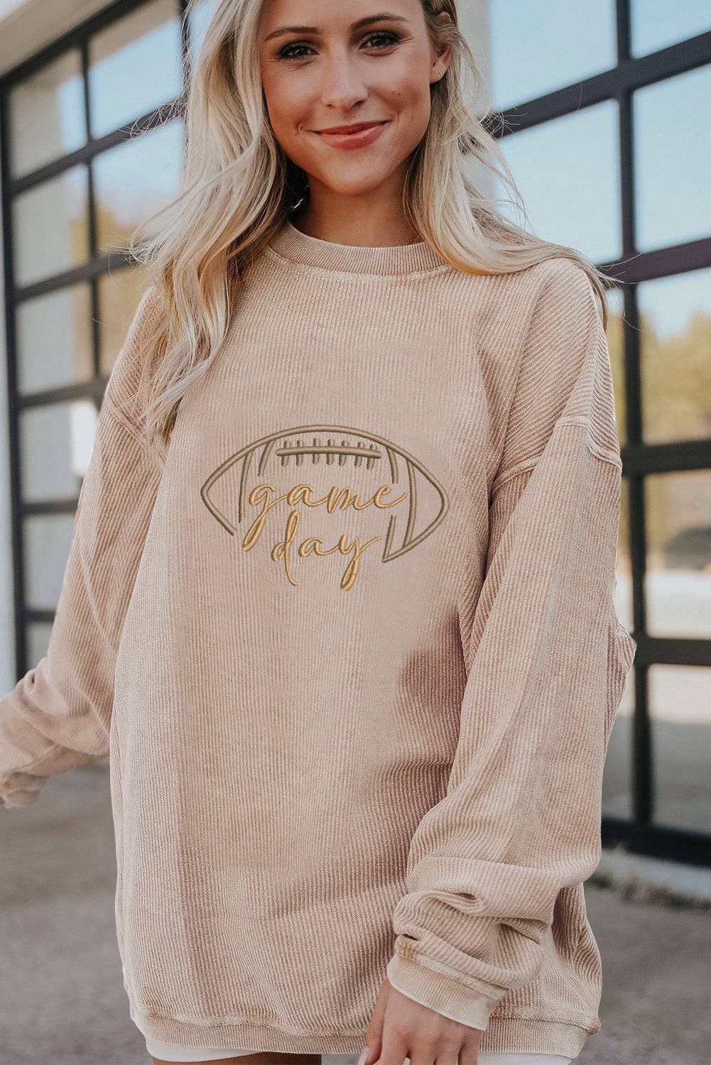 Game Day Oversized Ribbed Sweatshirt with Embroidery