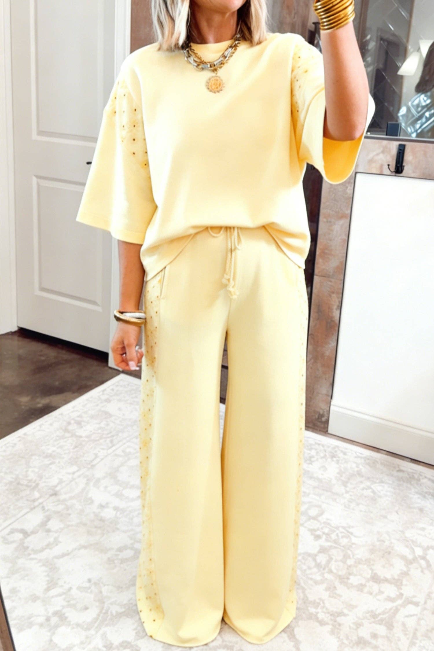 Yellow Eyelet Lace Lounge Set Oversized Tee Pants