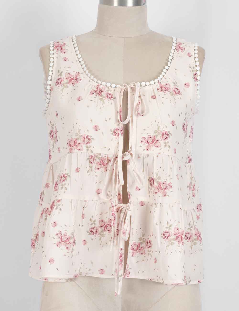Ladies Boho Floral Print Tie Front Scoop Neck Sleeveless Top