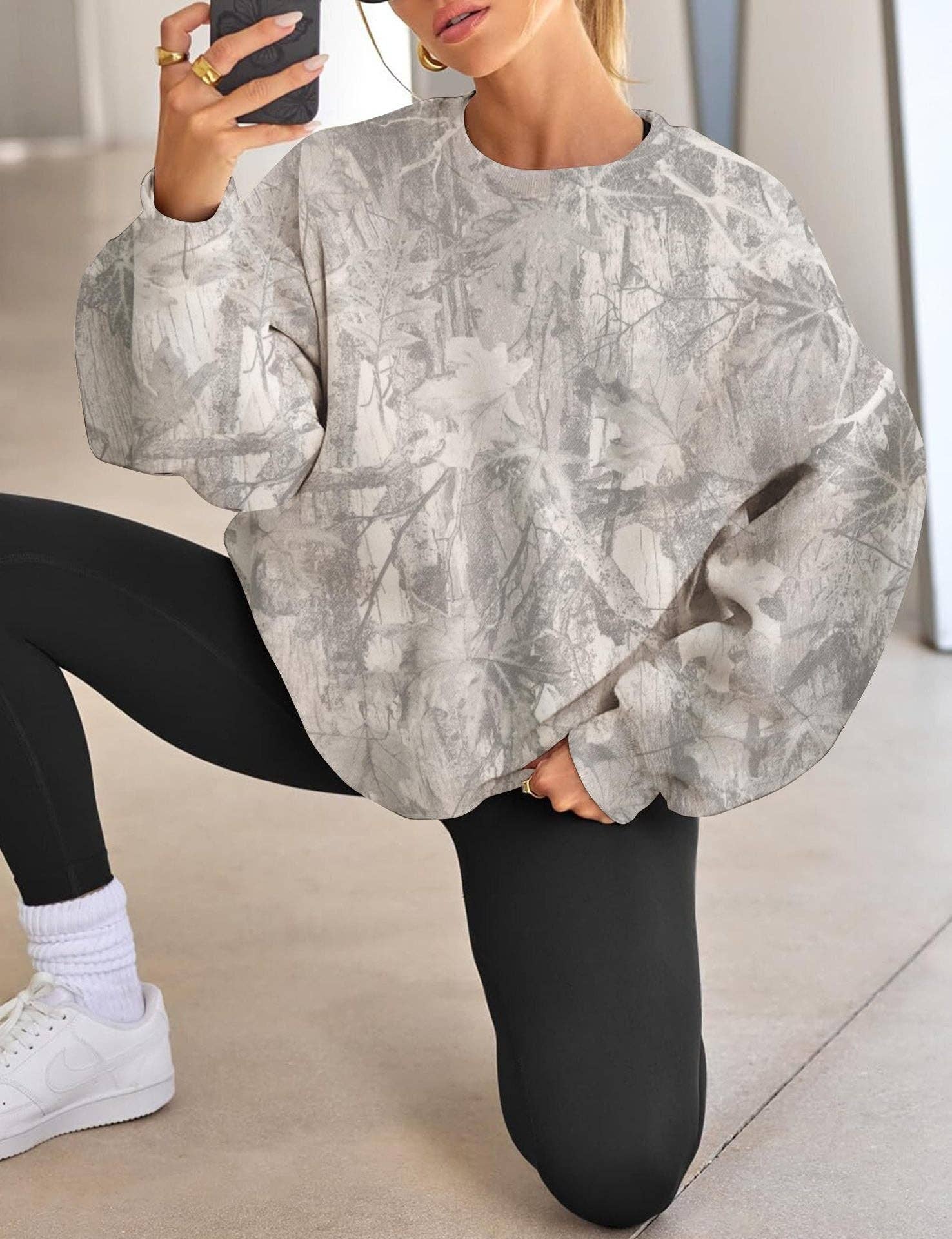 Camo Branch Print Oversized Crewneck Sweatshirt