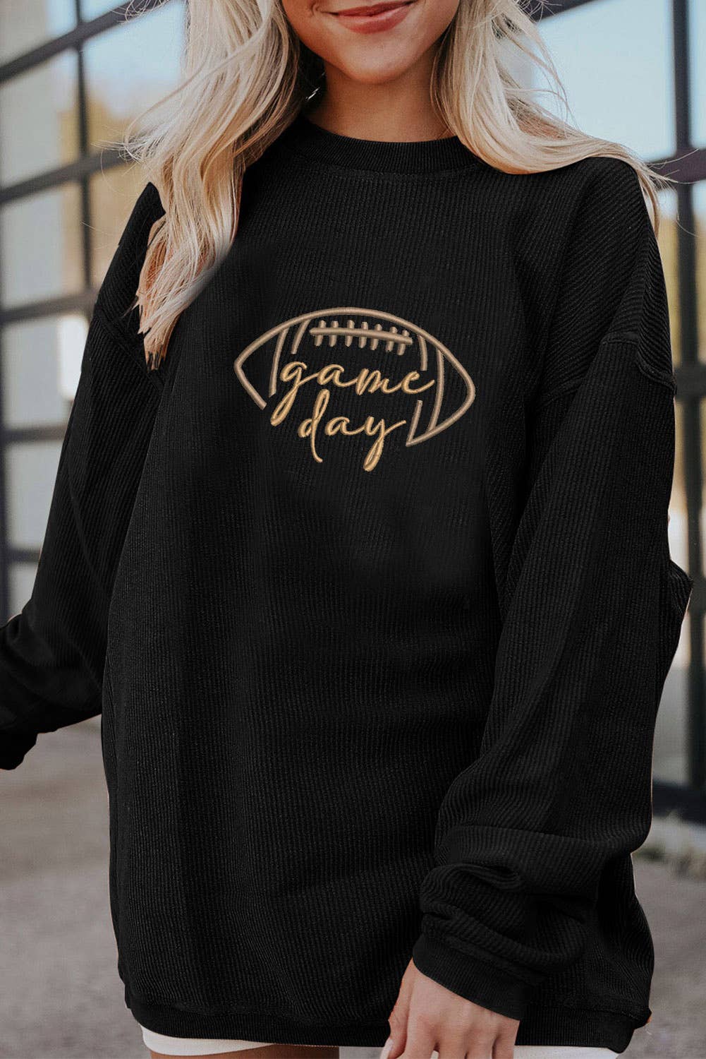 Game Day Oversized Ribbed Sweatshirt with Embroidery