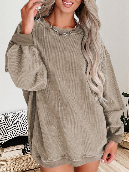 Round Neck Solid Ribbed Knit Pullover Sweatshirt