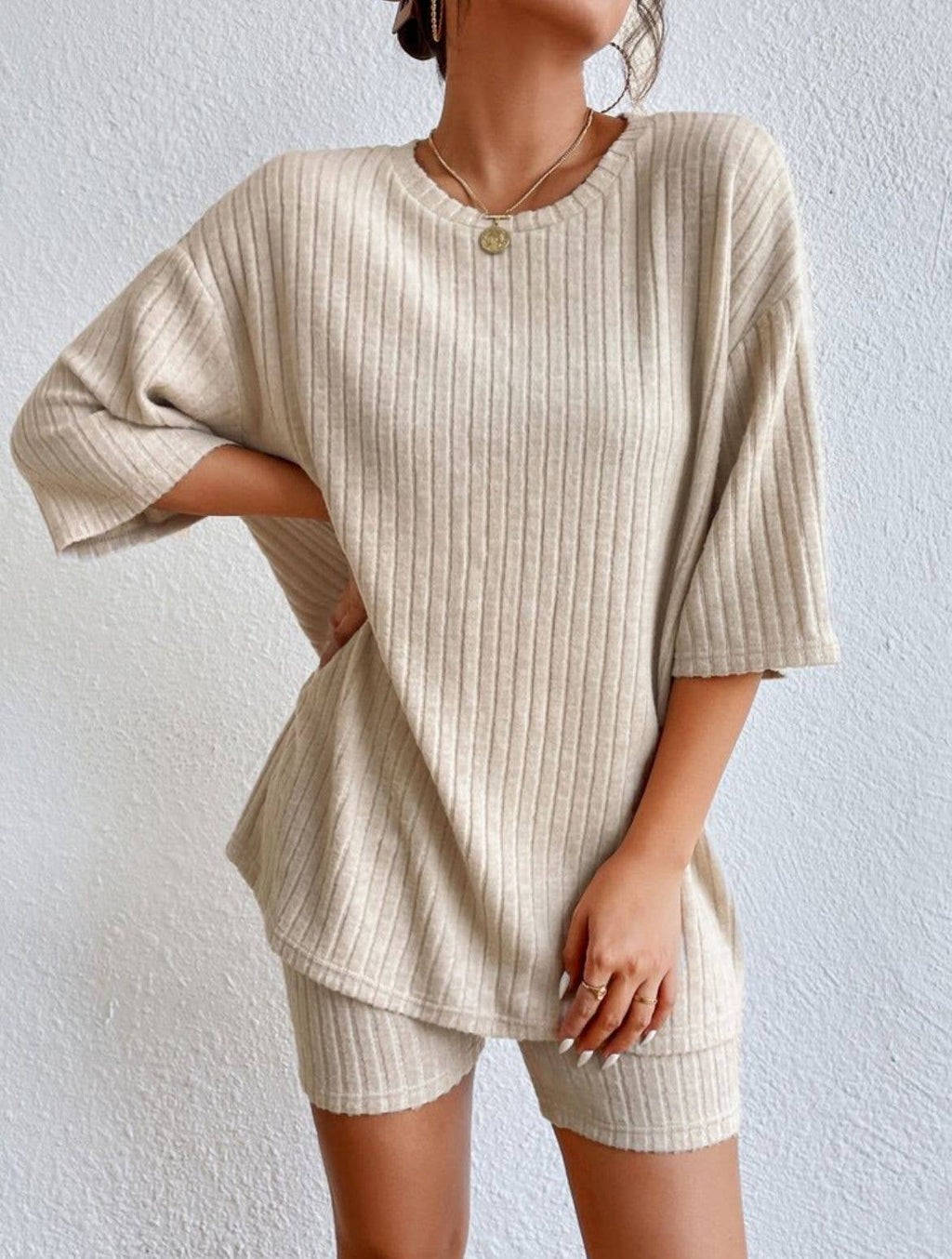 Solid ribbed oversized tee and biker shorts set
