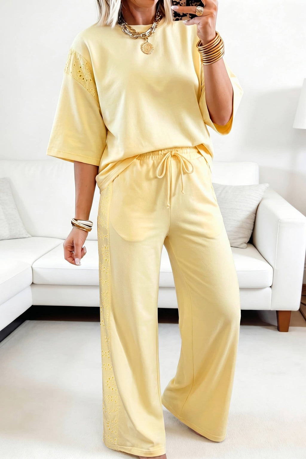 Yellow Eyelet Lace Lounge Set Oversized Tee Pants