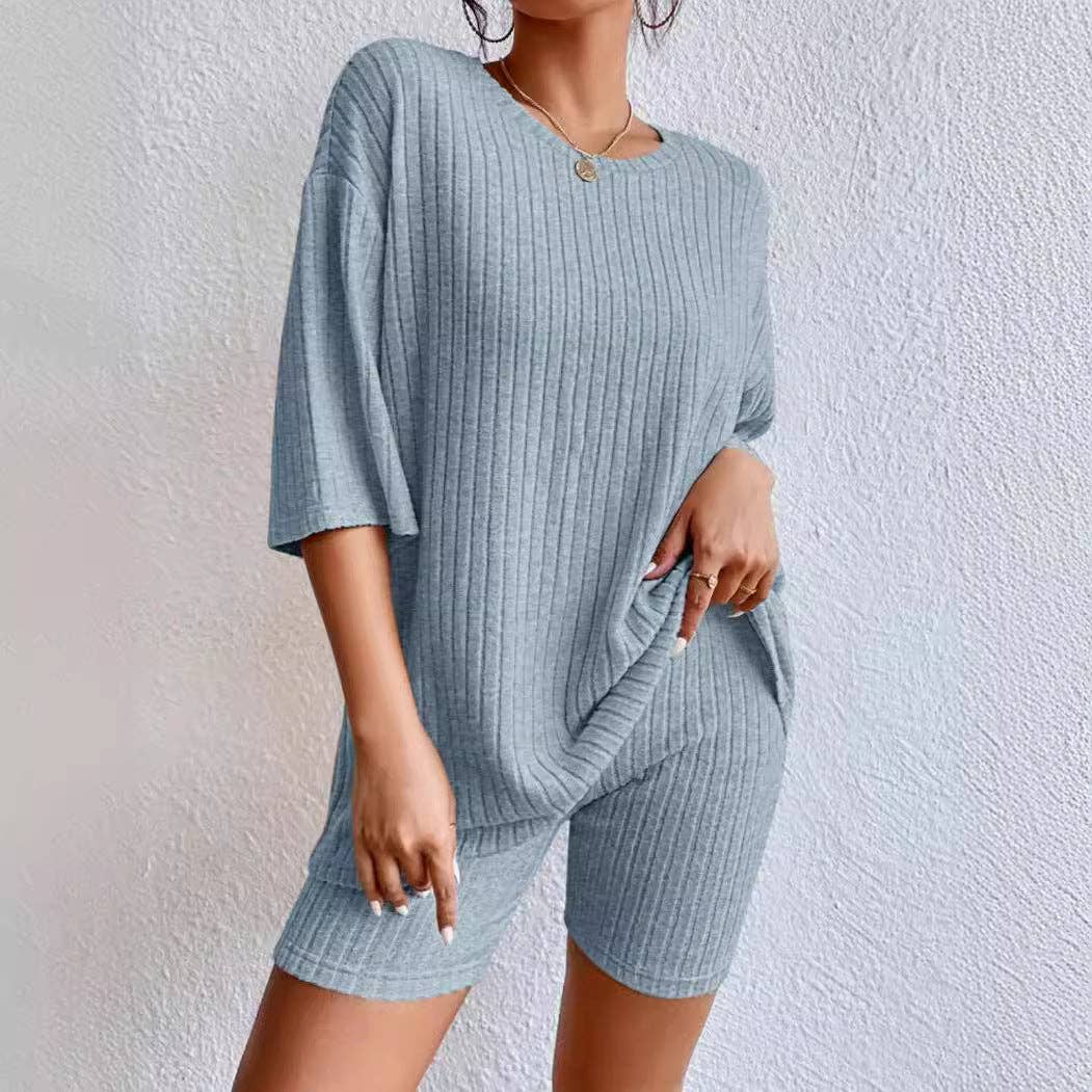 Solid ribbed oversized tee and biker shorts set