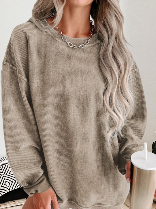 Round Neck Solid Ribbed Knit Pullover Sweatshirt