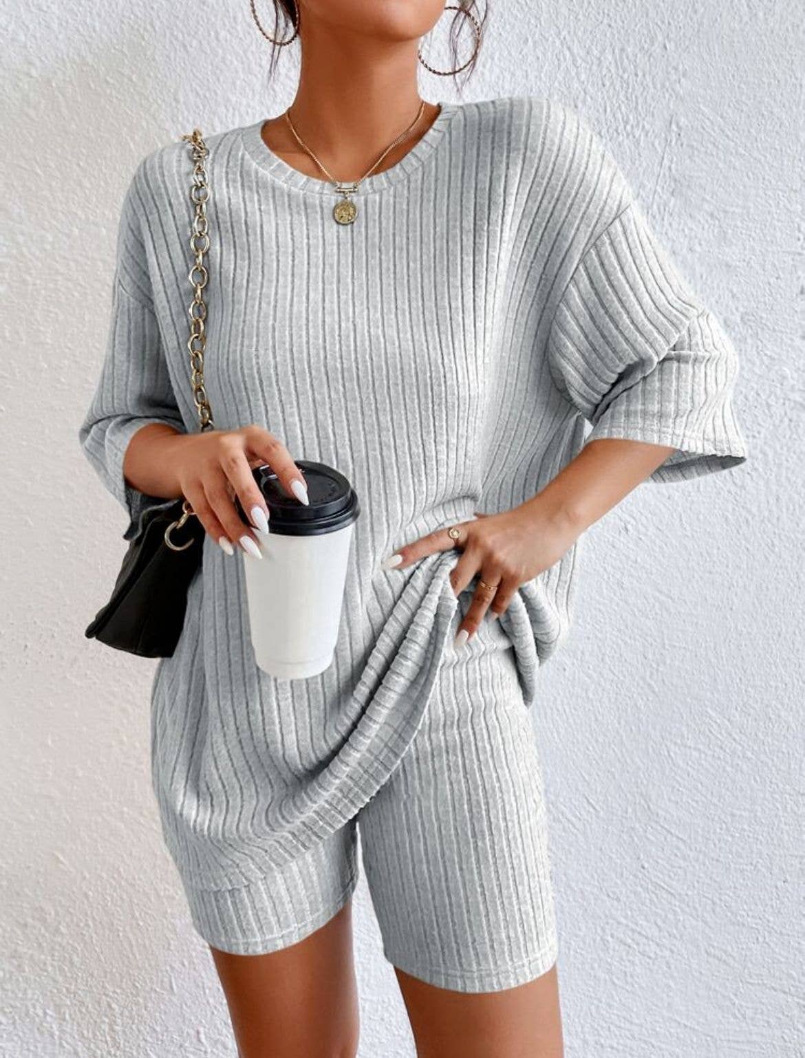 Solid ribbed oversized tee and biker shorts set