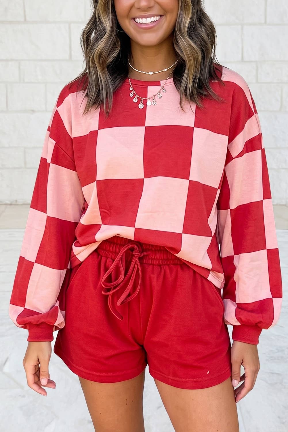 Plaid Long Sleeve Two Piece Set Shift Pantsuit S–4X