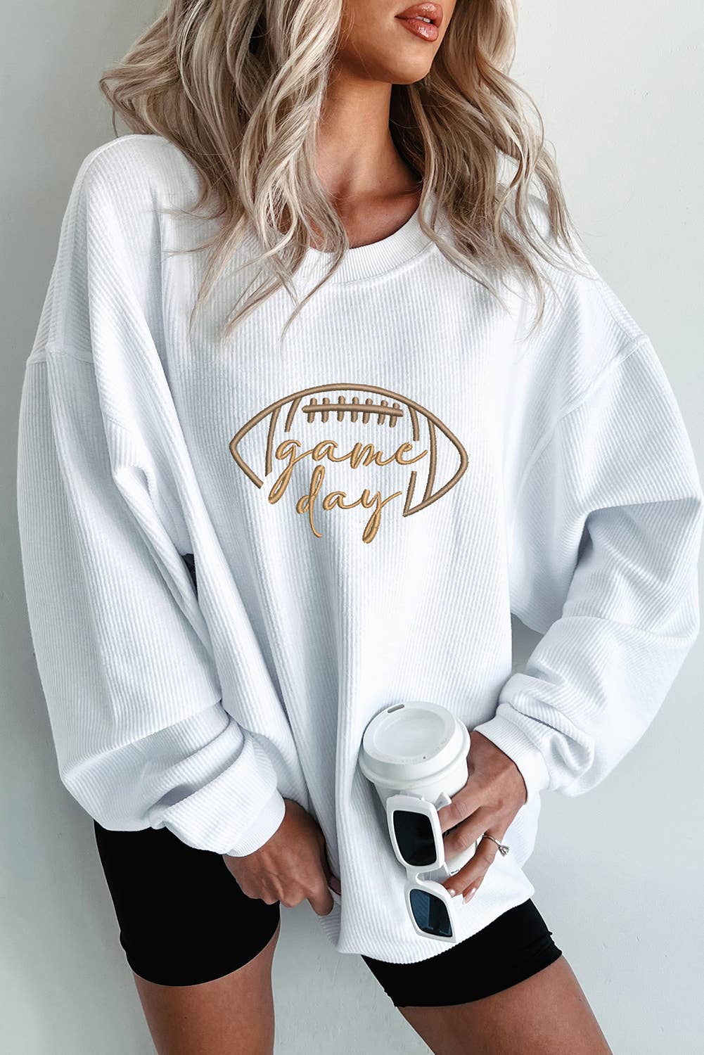 Game Day Oversized Ribbed Sweatshirt with Embroidery
