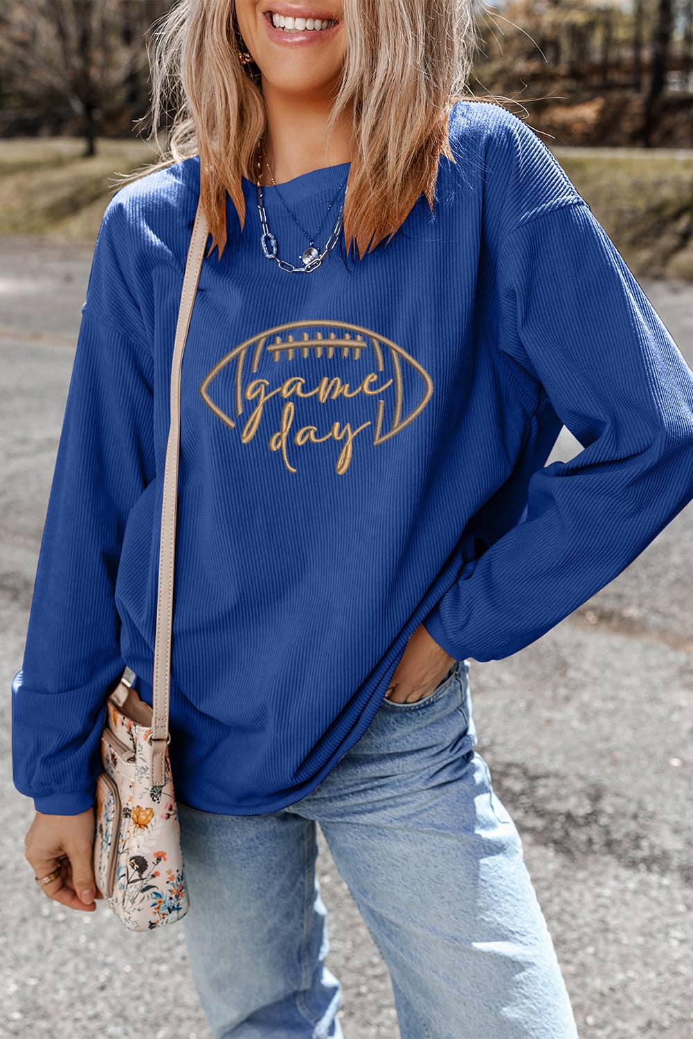 Game Day Oversized Ribbed Sweatshirt with Embroidery