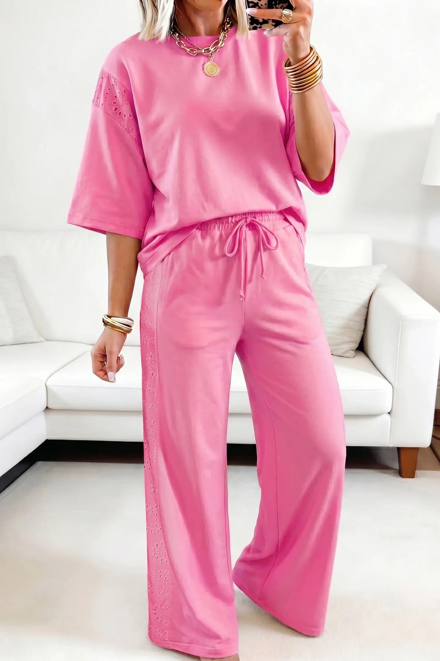 Yellow Eyelet Lace Lounge Set Oversized Tee Pants