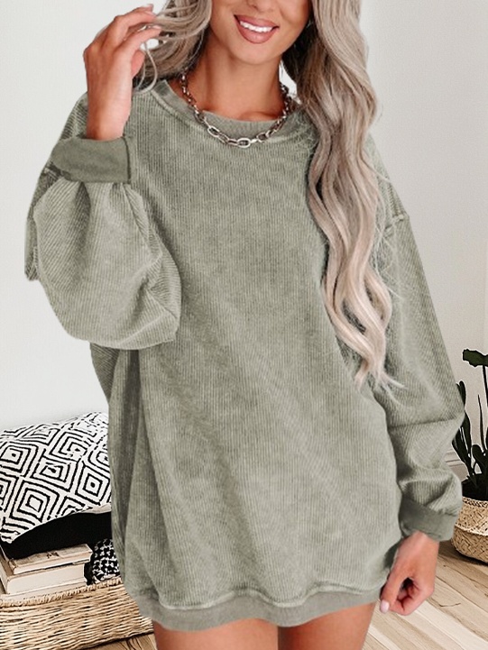 Round Neck Solid Ribbed Knit Pullover Sweatshirt