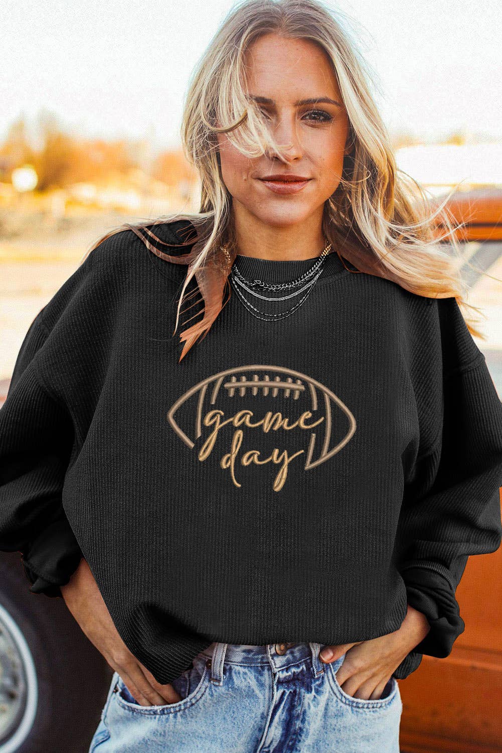 Game Day Oversized Ribbed Sweatshirt with Embroidery