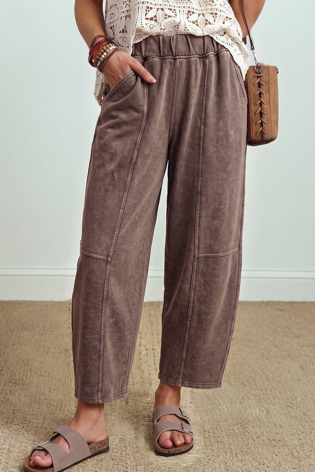LDC Mineral Wash Seam Detail Elastic Waist Barrel Pants