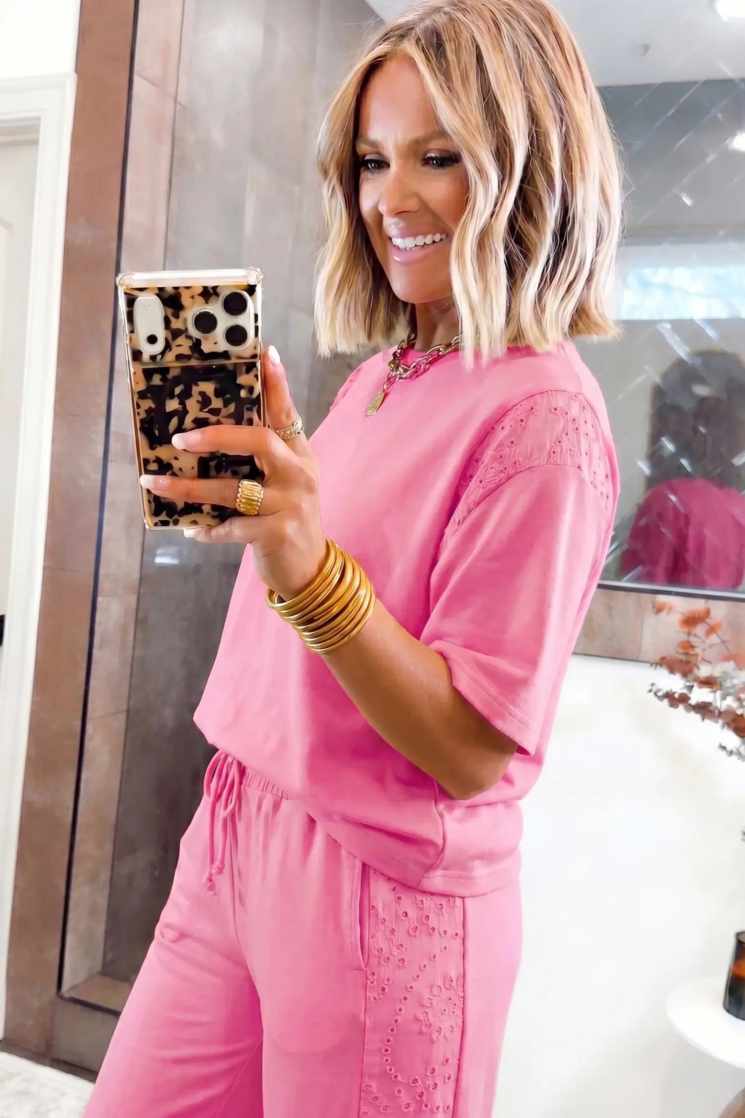 Yellow Eyelet Lace Lounge Set Oversized Tee Pants