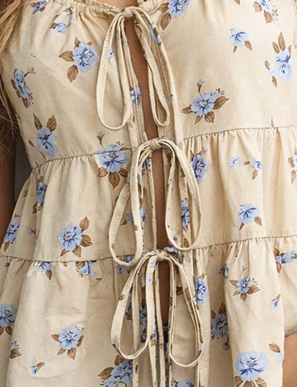 Ladies Boho Floral Print Tie Front Scoop Neck Sleeveless Top