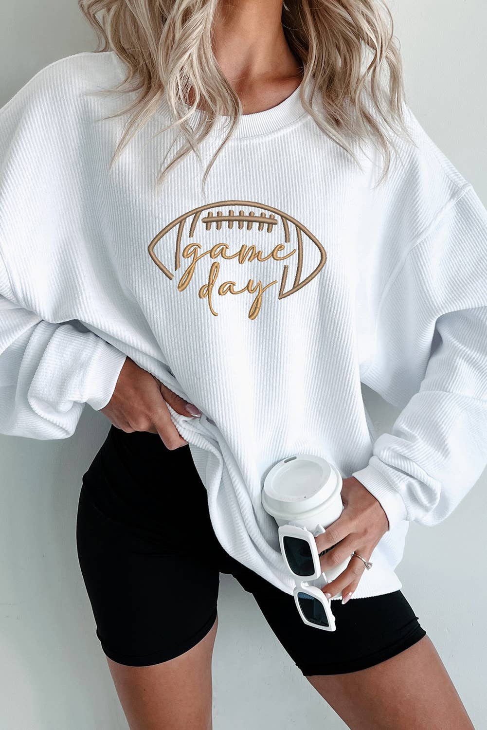 Game Day Oversized Ribbed Sweatshirt with Embroidery