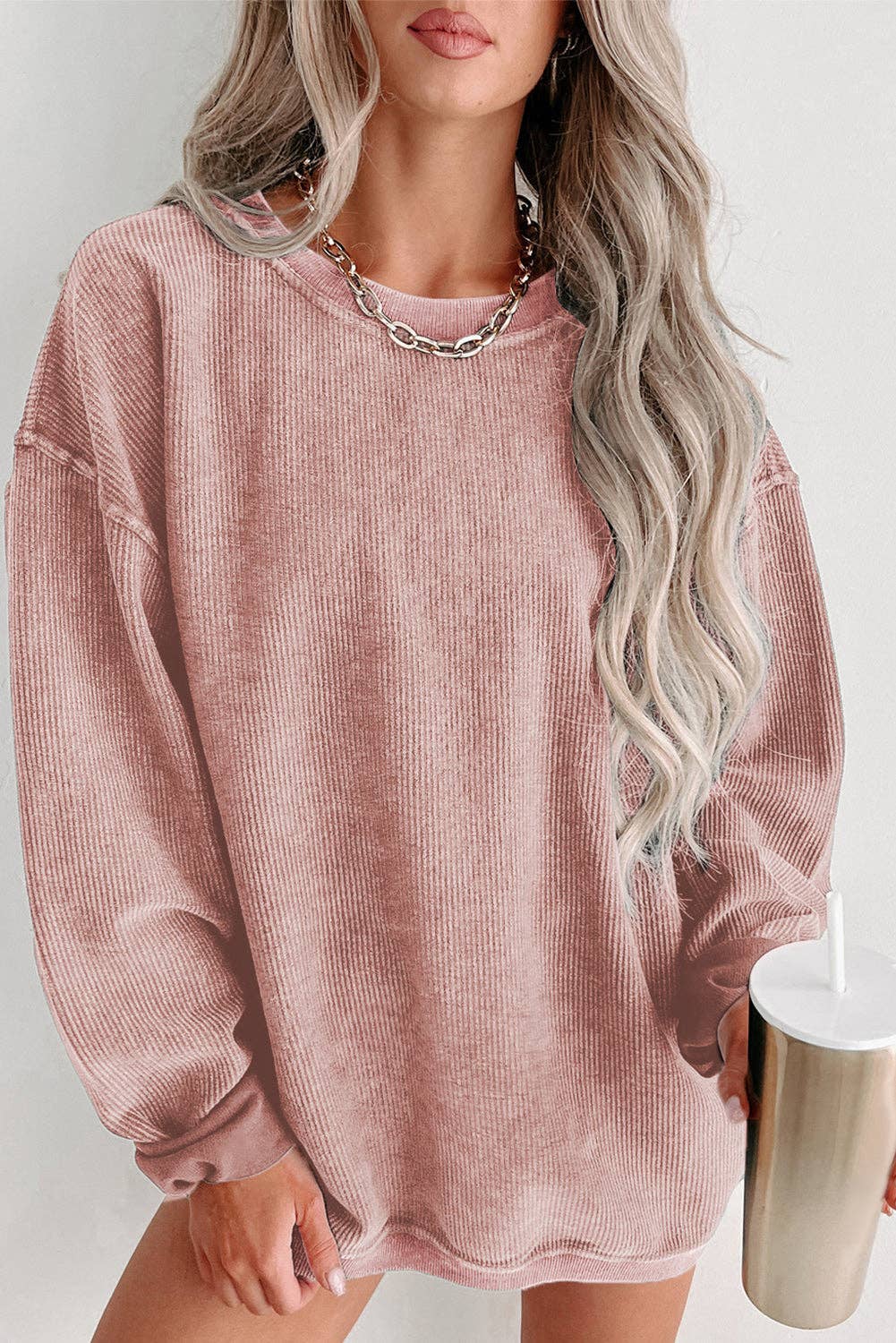 Round Neck Solid Ribbed Knit Pullover Sweatshirt