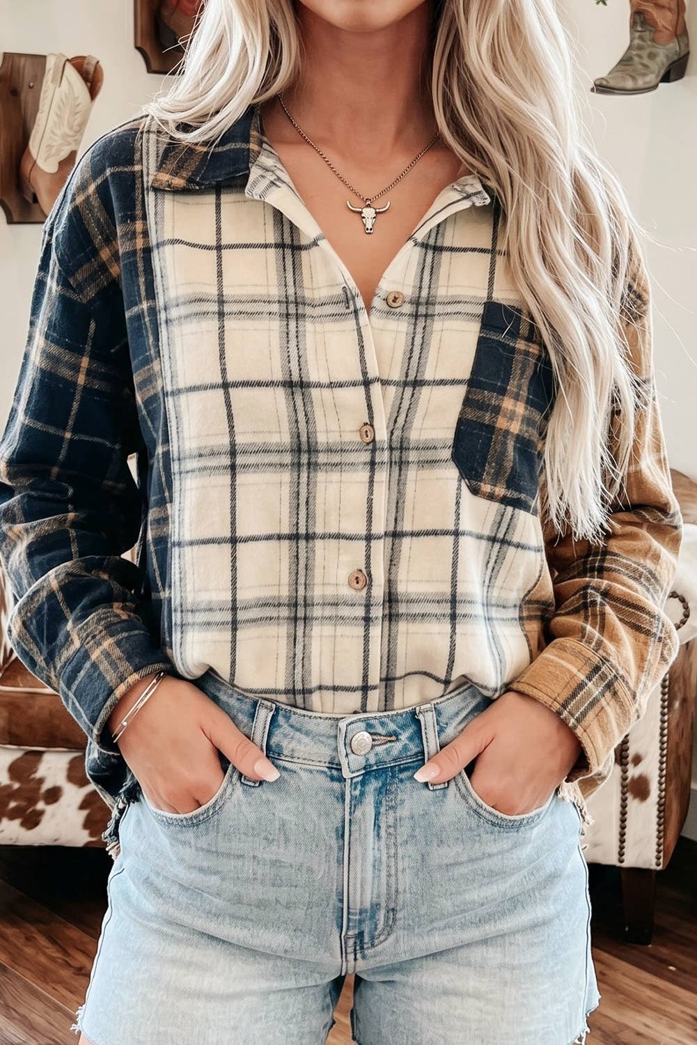 LDC Plaid Button-Up Long Sleeve Shift Silhouette Shacket