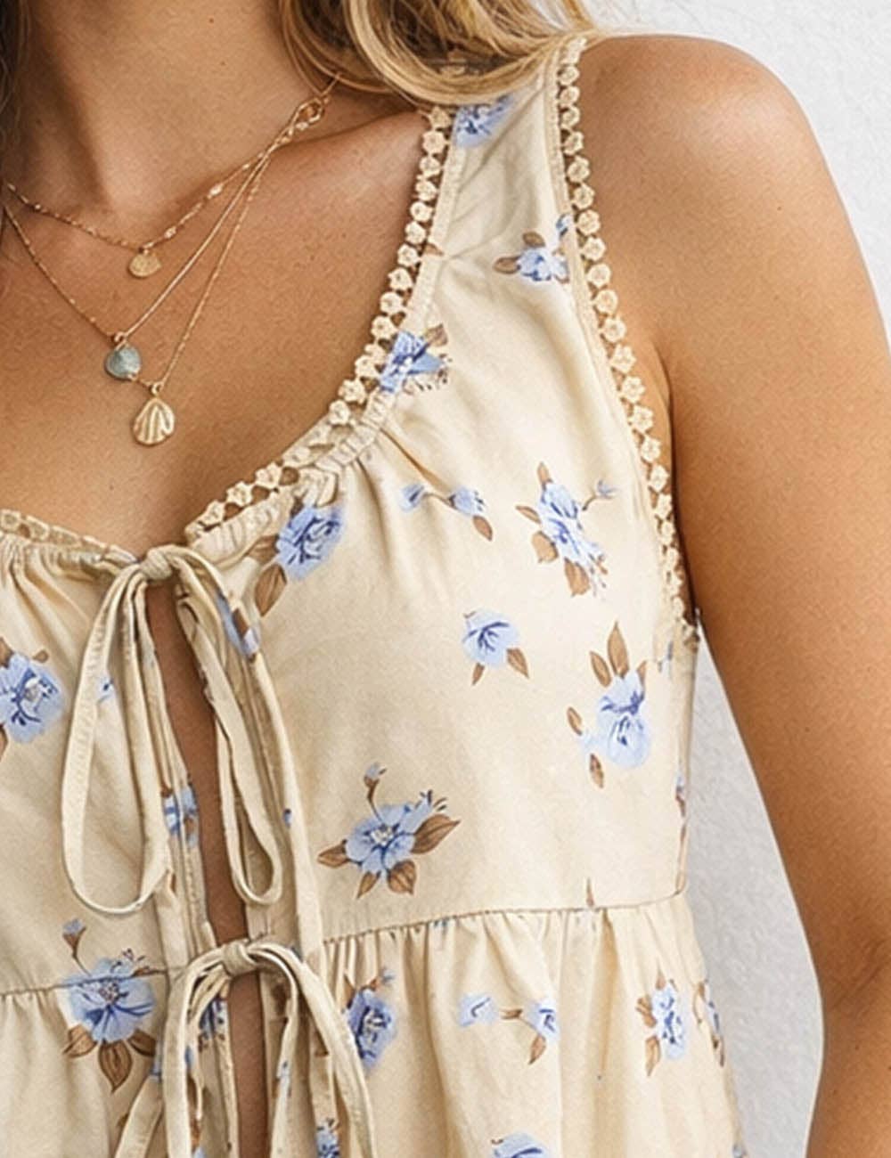 Ladies Boho Floral Print Tie Front Scoop Neck Sleeveless Top
