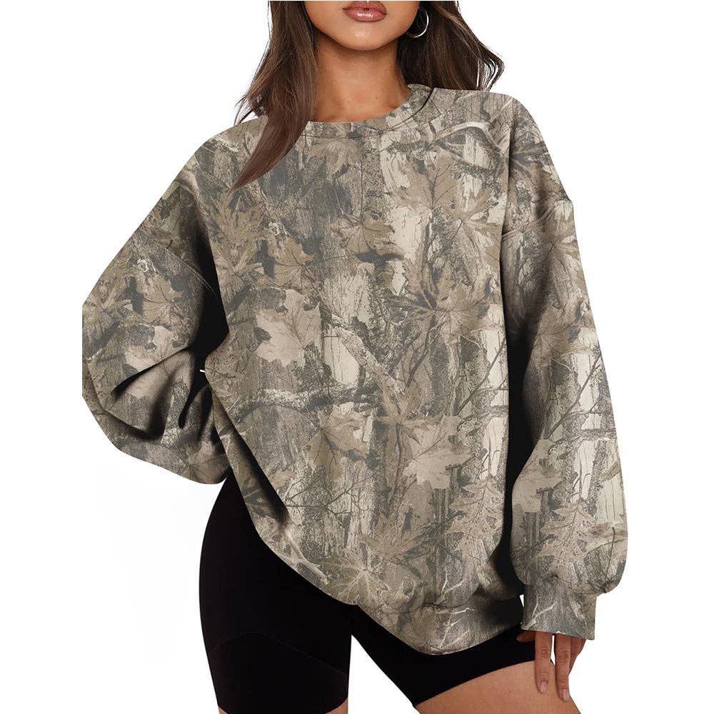 Camo Branch Print Oversized Crewneck Sweatshirt