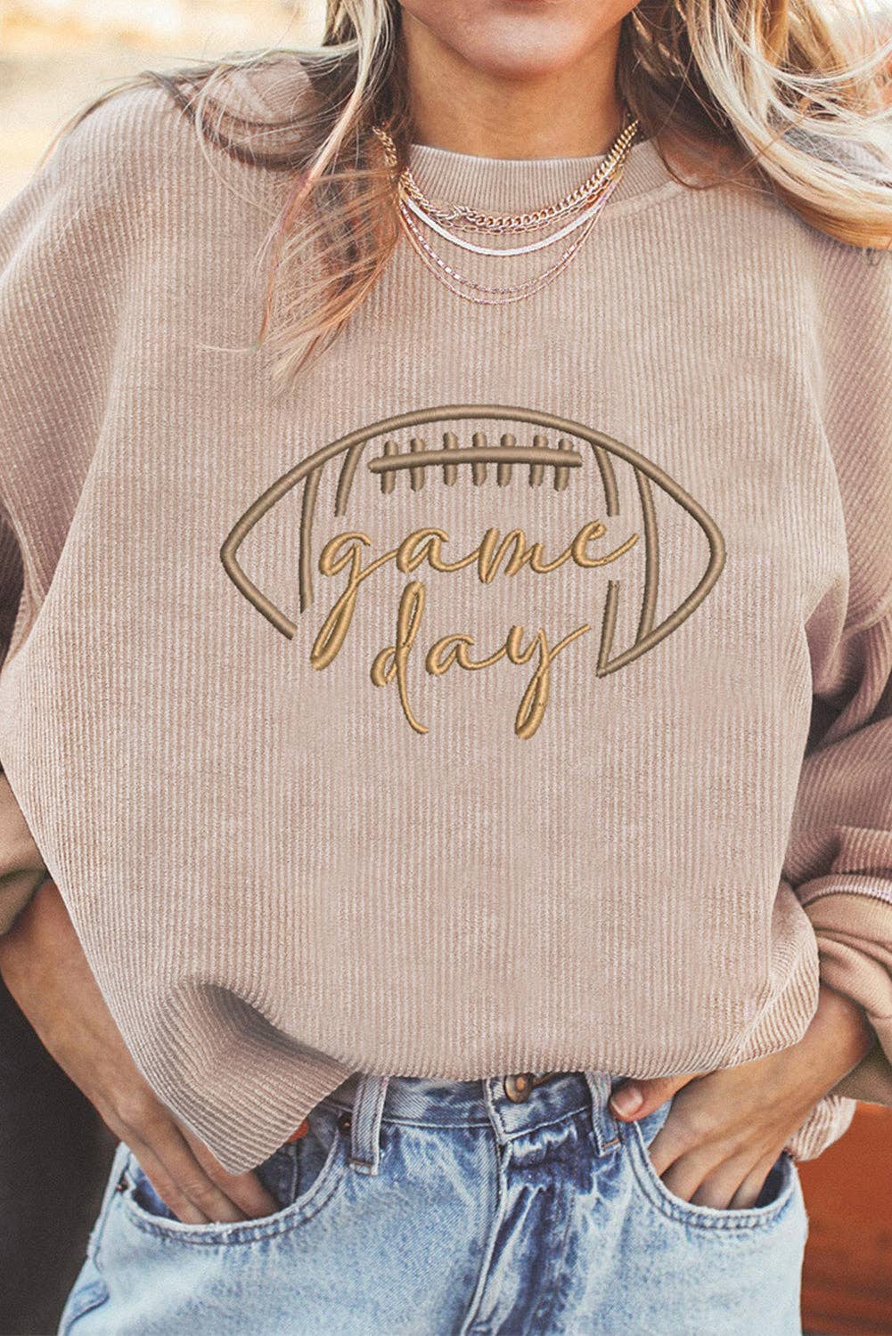 Game Day Oversized Ribbed Sweatshirt with Embroidery
