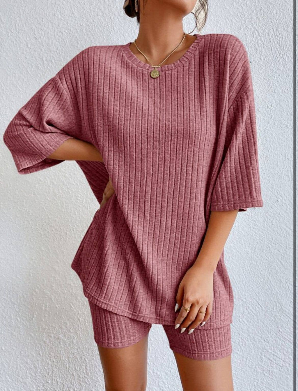 Solid ribbed oversized tee and biker shorts set